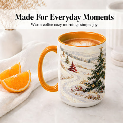 #pl[15oz|Orange] Snowy Christmas Trees Accent Ceramic Mug, Winter Landscape