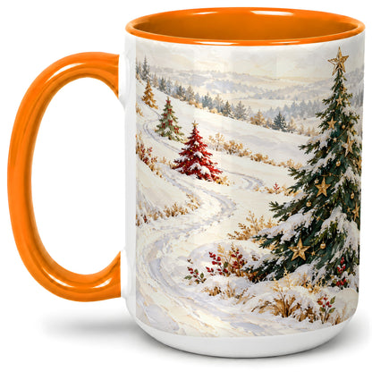#pl[15oz|Orange] Snowy Christmas Trees Accent Ceramic Mug, Winter Landscape