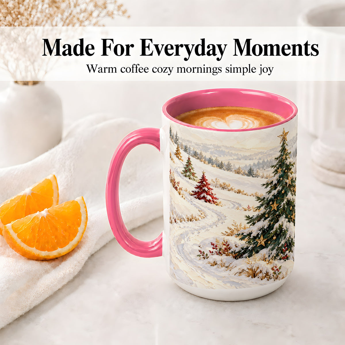 #pl[15oz|Pink] Snowy Christmas Trees Accent Ceramic Mug, Winter Landscape