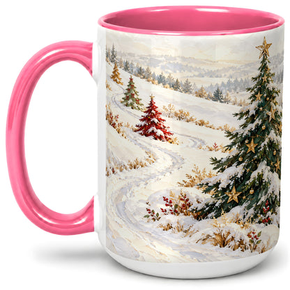 #pl[15oz|Pink] Snowy Christmas Trees Accent Ceramic Mug, Winter Landscape