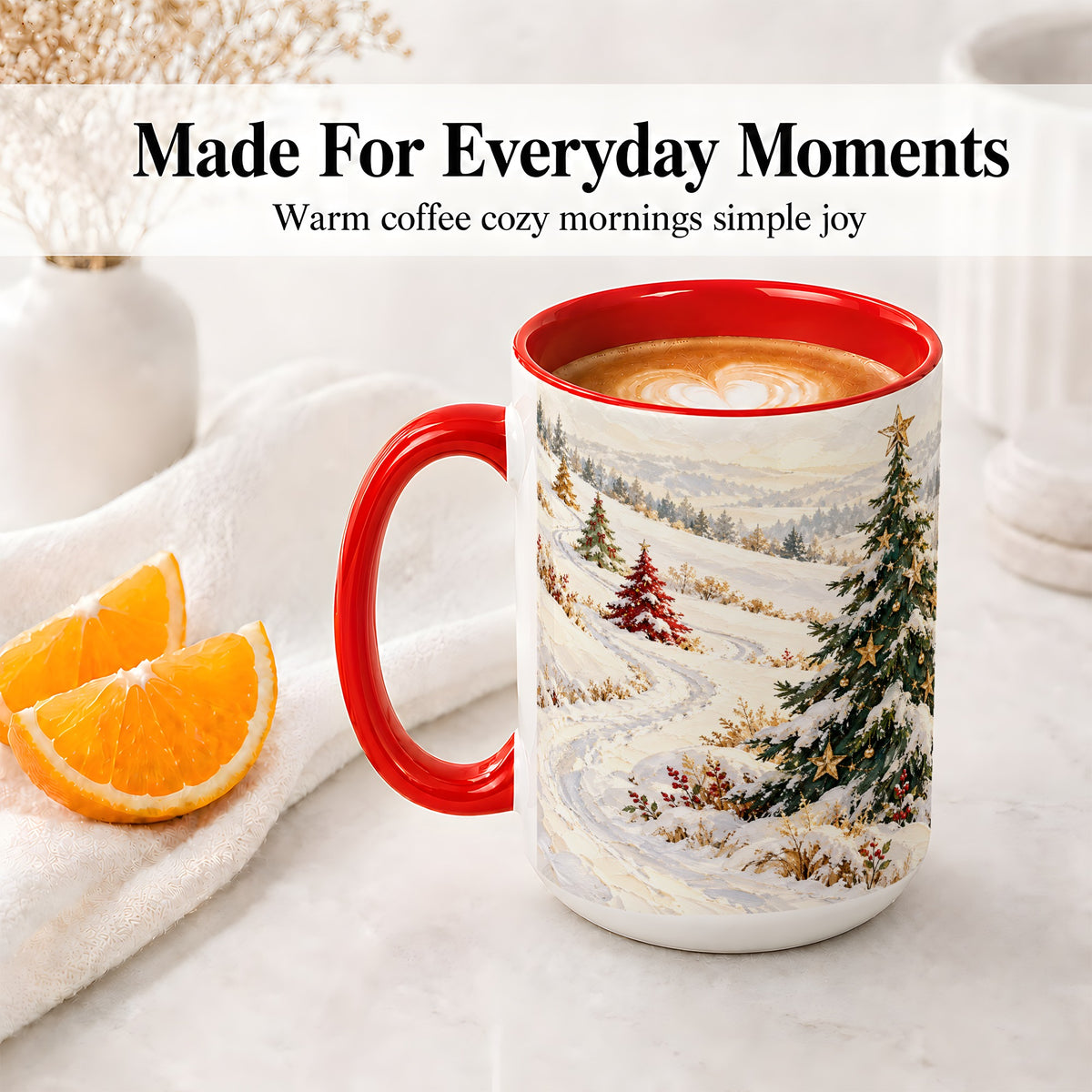 #pl[15oz|Red] Snowy Christmas Trees Accent Ceramic Mug, Winter Landscape