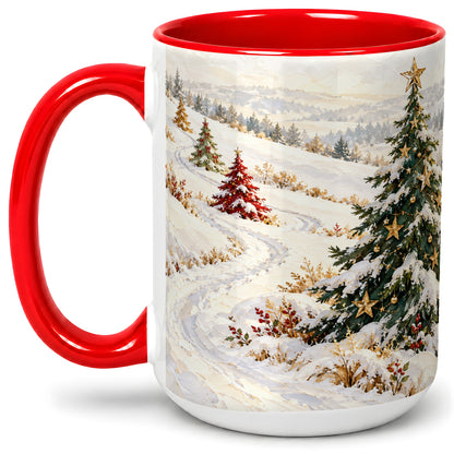 #pl[15oz|Red] Snowy Christmas Trees Accent Ceramic Mug, Winter Landscape