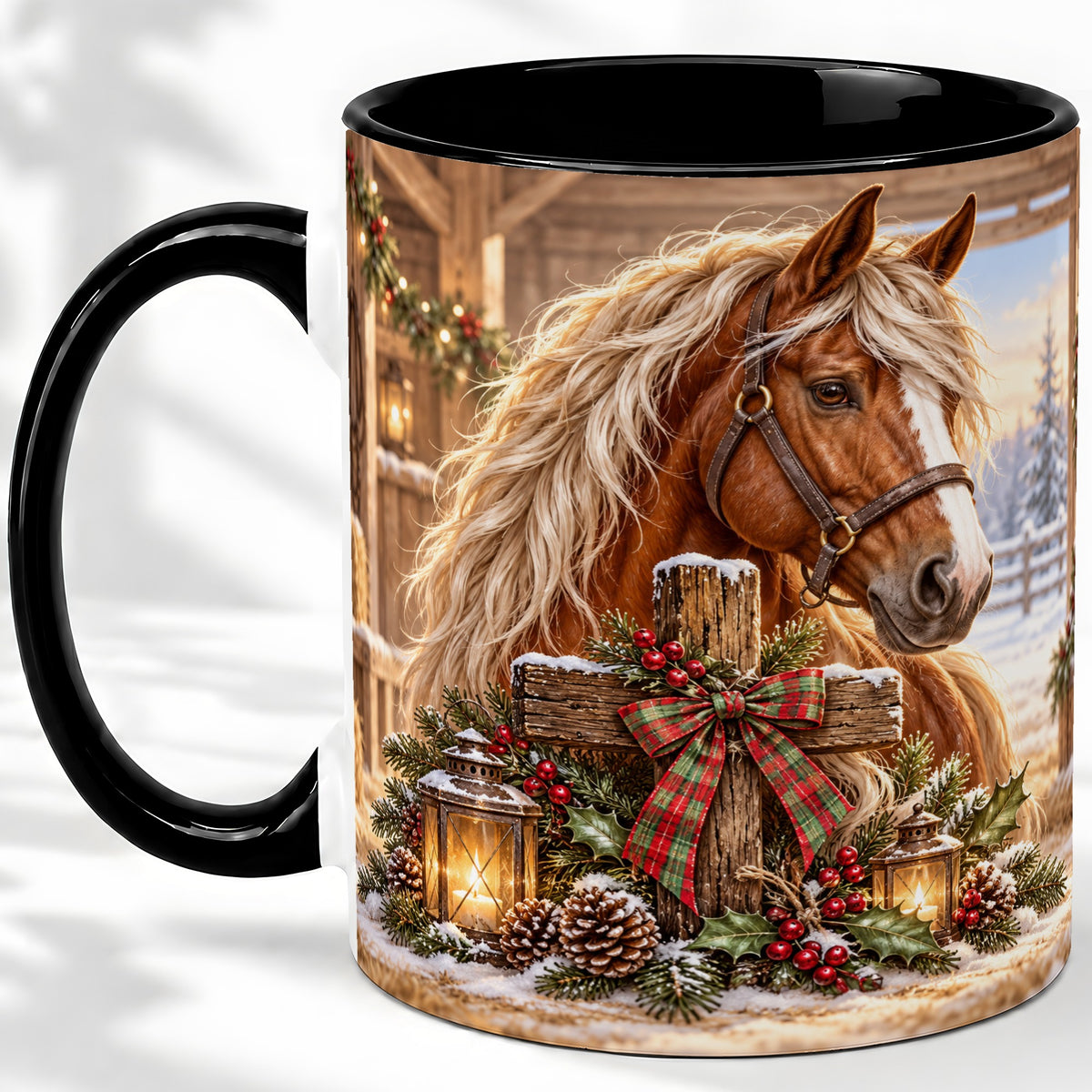 #pl[11oz|Black] Christmas Horse Accent Ceramic Mug, Rustic Barn Cross Scene