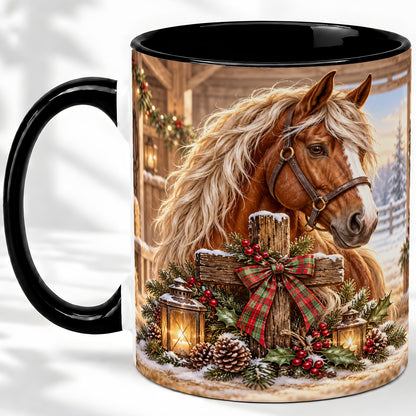 #pl[11oz|Black] Christmas Horse Accent Ceramic Mug, Rustic Barn Cross Scene