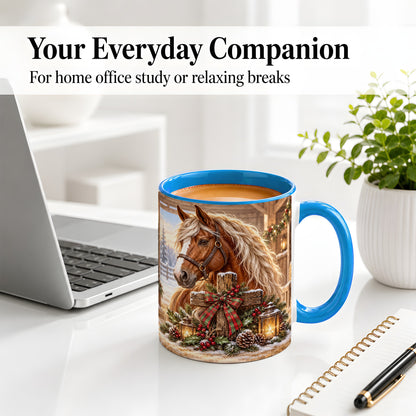 #pl[11oz|Blue] Christmas Horse Accent Ceramic Mug, Rustic Barn Cross Scene