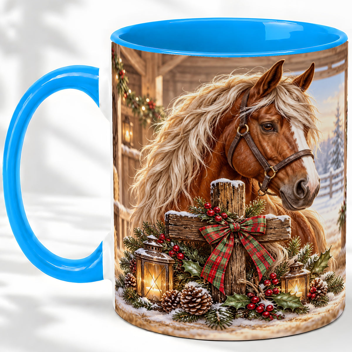 #pl[11oz|Blue] Christmas Horse Accent Ceramic Mug, Rustic Barn Cross Scene