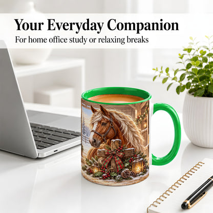 #pl[11oz|Green] Christmas Horse Accent Ceramic Mug, Rustic Barn Cross Scene