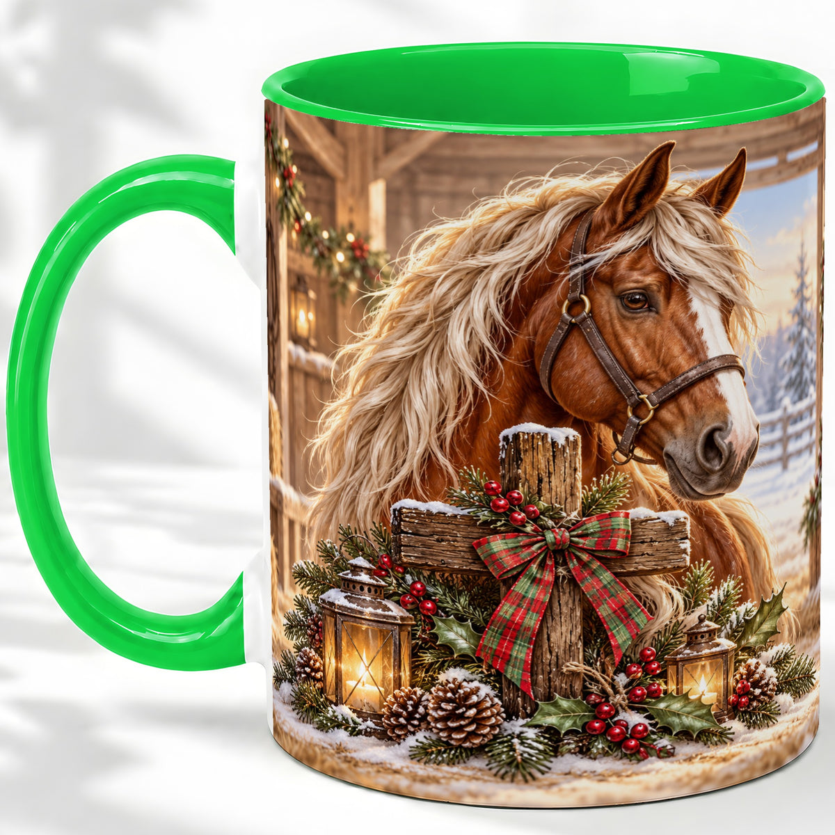 #pl[11oz|Green] Christmas Horse Accent Ceramic Mug, Rustic Barn Cross Scene