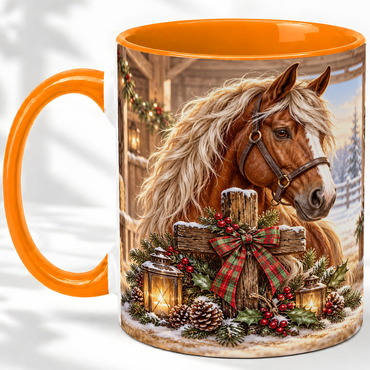 #pl[11oz|Orange] Christmas Horse Accent Ceramic Mug, Rustic Barn Cross Scene