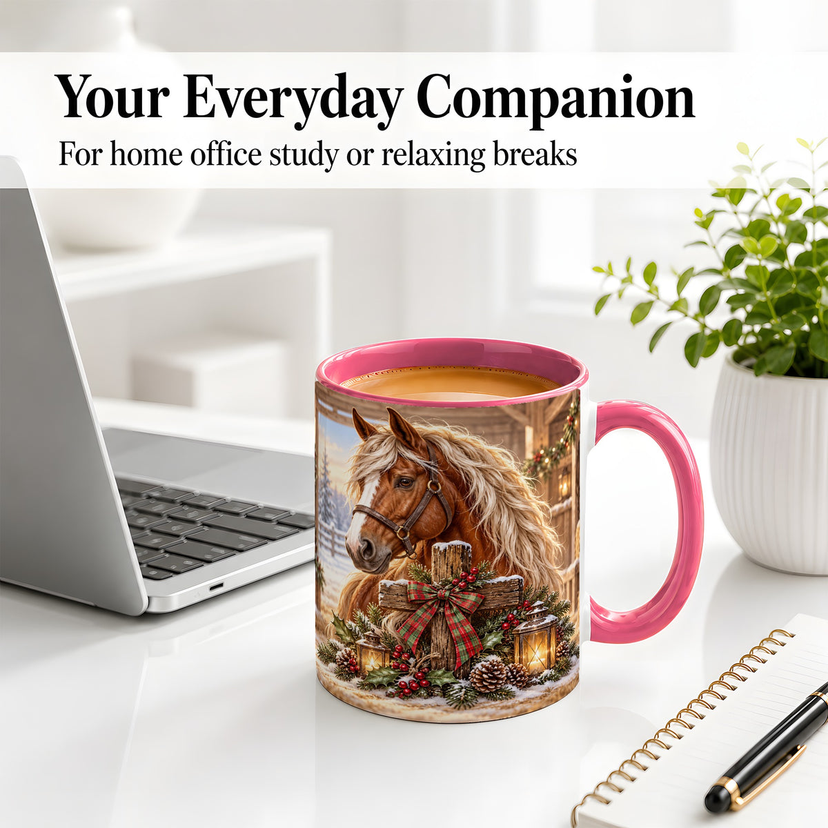 #pl[11oz|Pink] Christmas Horse Accent Ceramic Mug, Rustic Barn Cross Scene