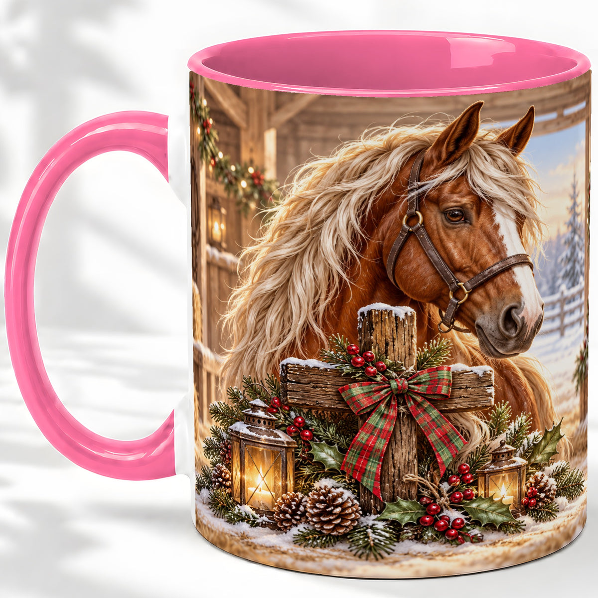#pl[11oz|Pink] Christmas Horse Accent Ceramic Mug, Rustic Barn Cross Scene