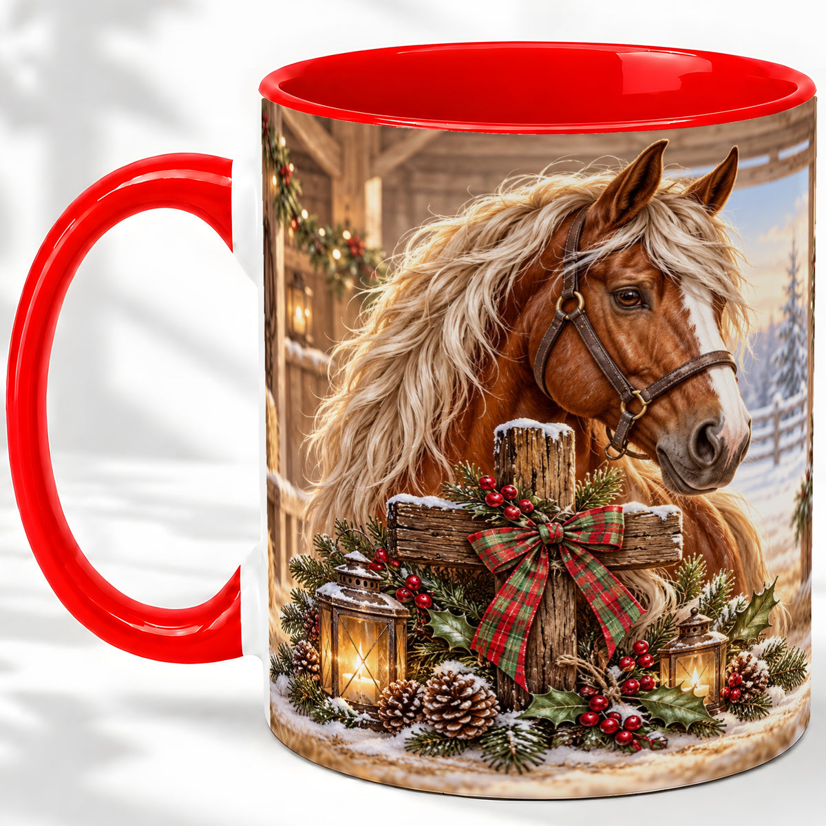 Christmas Horse Accent Ceramic Mug, Rustic Barn Cross Scene
