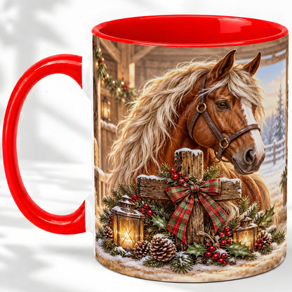 Christmas Horse Accent Ceramic Mug, Rustic Barn Cross Scene