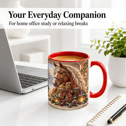 #pl[11oz|Red] Christmas Horse Accent Ceramic Mug, Rustic Barn Cross Scene