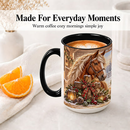 #pl[15oz|Black] Christmas Horse Accent Ceramic Mug, Rustic Barn Cross Scene