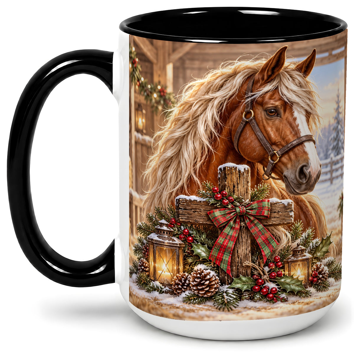 #pl[15oz|Black] Christmas Horse Accent Ceramic Mug, Rustic Barn Cross Scene