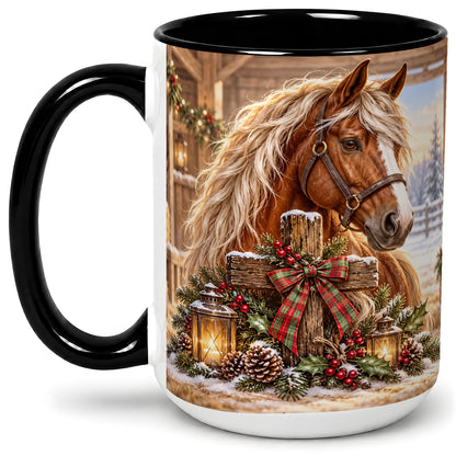 #pl[15oz|Black] Christmas Horse Accent Ceramic Mug, Rustic Barn Cross Scene