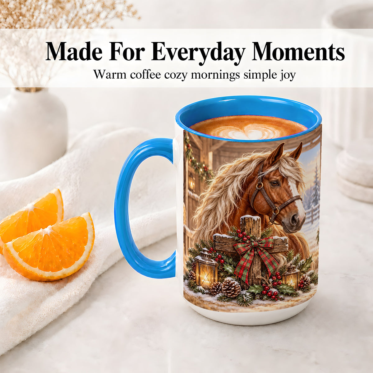 #pl[15oz|Blue] Christmas Horse Accent Ceramic Mug, Rustic Barn Cross Scene