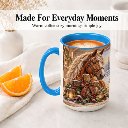 #pl[15oz|Blue] Christmas Horse Accent Ceramic Mug, Rustic Barn Cross Scene