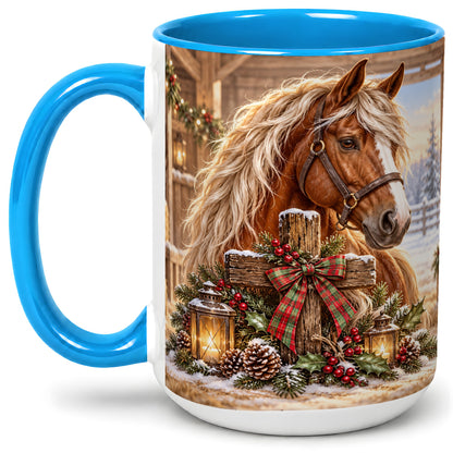 #pl[15oz|Blue] Christmas Horse Accent Ceramic Mug, Rustic Barn Cross Scene