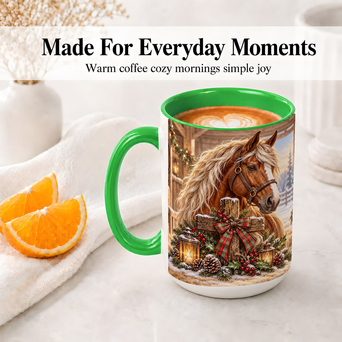 #pl[15oz|Green] Christmas Horse Accent Ceramic Mug, Rustic Barn Cross Scene