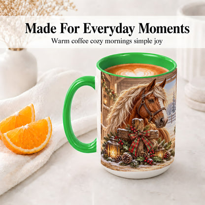 #pl[15oz|Green] Christmas Horse Accent Ceramic Mug, Rustic Barn Cross Scene