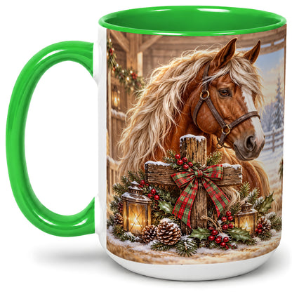 #pl[15oz|Green] Christmas Horse Accent Ceramic Mug, Rustic Barn Cross Scene