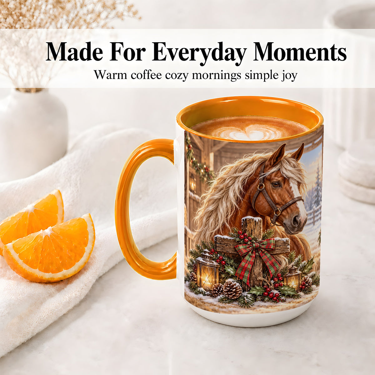 #pl[15oz|Orange] Christmas Horse Accent Ceramic Mug, Rustic Barn Cross Scene