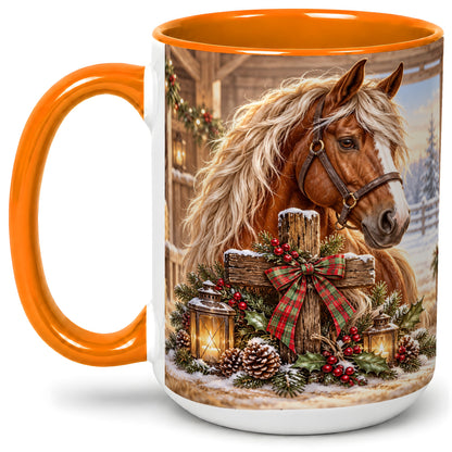 #pl[15oz|Orange] Christmas Horse Accent Ceramic Mug, Rustic Barn Cross Scene