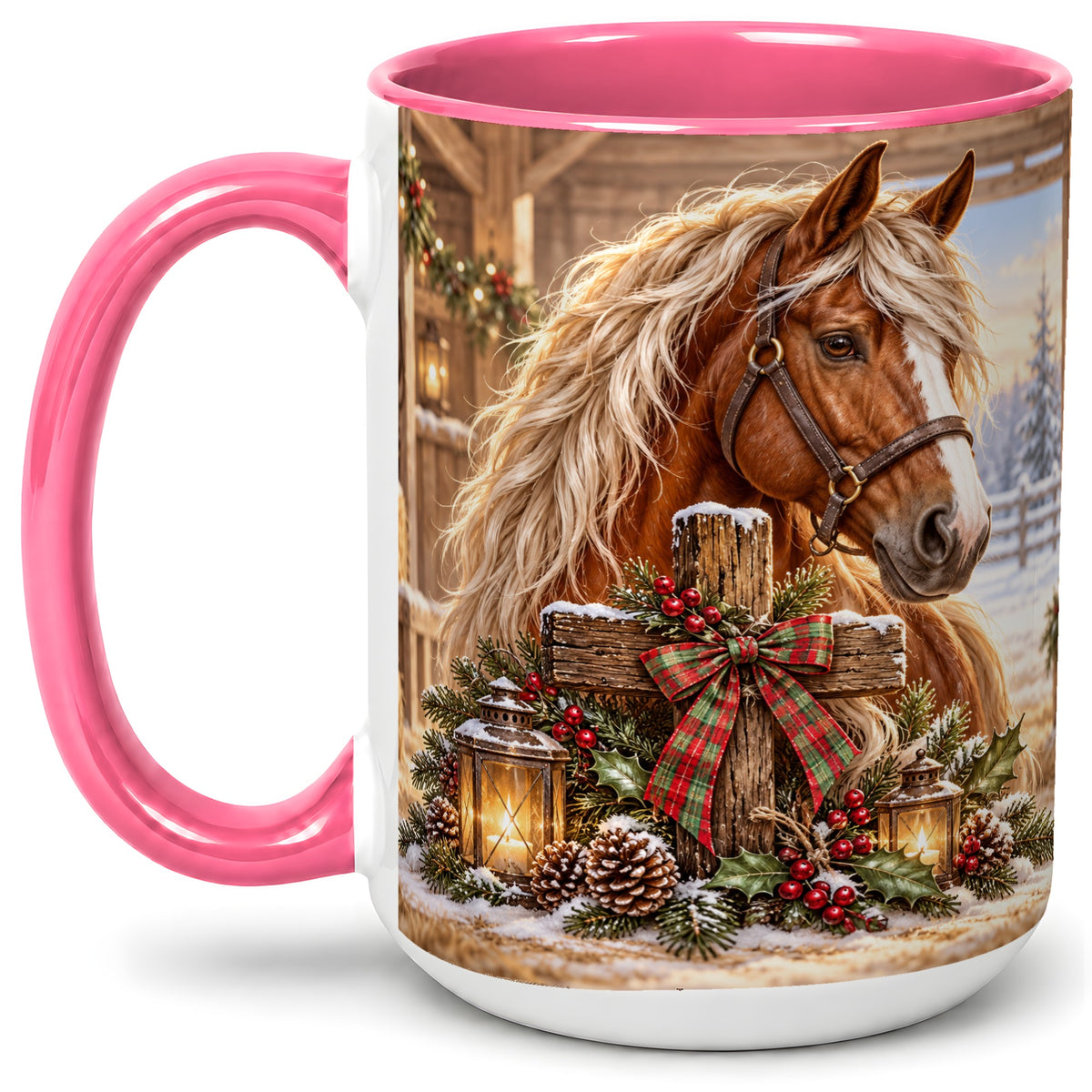 #pl[15oz|Pink] Christmas Horse Accent Ceramic Mug, Rustic Barn Cross Scene