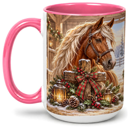#pl[15oz|Pink] Christmas Horse Accent Ceramic Mug, Rustic Barn Cross Scene