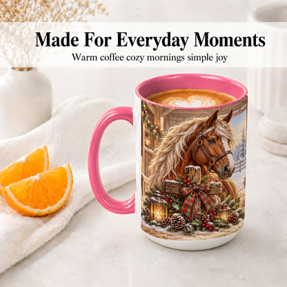 #pl[15oz|Pink] Christmas Horse Accent Ceramic Mug, Rustic Barn Cross Scene