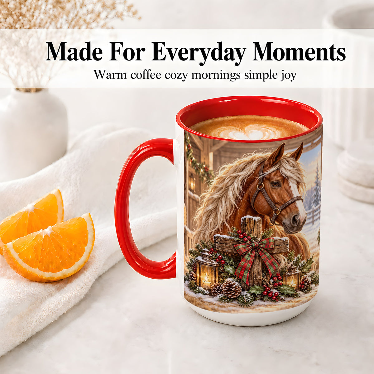 #pl[15oz|Red] Christmas Horse Accent Ceramic Mug, Rustic Barn Cross Scene
