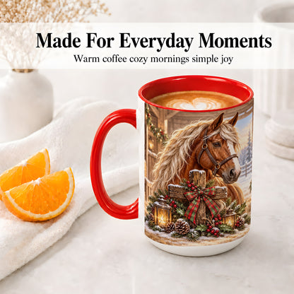 #pl[15oz|Red] Christmas Horse Accent Ceramic Mug, Rustic Barn Cross Scene