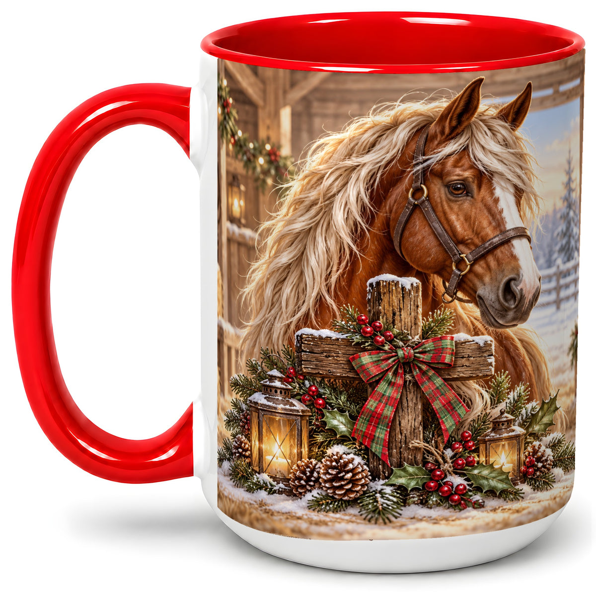 #pl[15oz|Red] Christmas Horse Accent Ceramic Mug, Rustic Barn Cross Scene