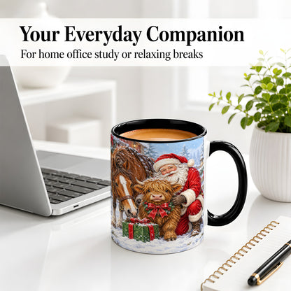 #pl[11oz|Black] Santa Highland Cow Accent Ceramic Mug, Christmas Horse Scene