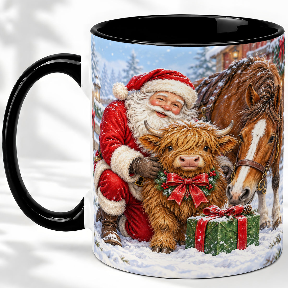 #pl[11oz|Black] Santa Highland Cow Accent Ceramic Mug, Christmas Horse Scene