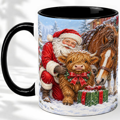 #pl[11oz|Black] Santa Highland Cow Accent Ceramic Mug, Christmas Horse Scene