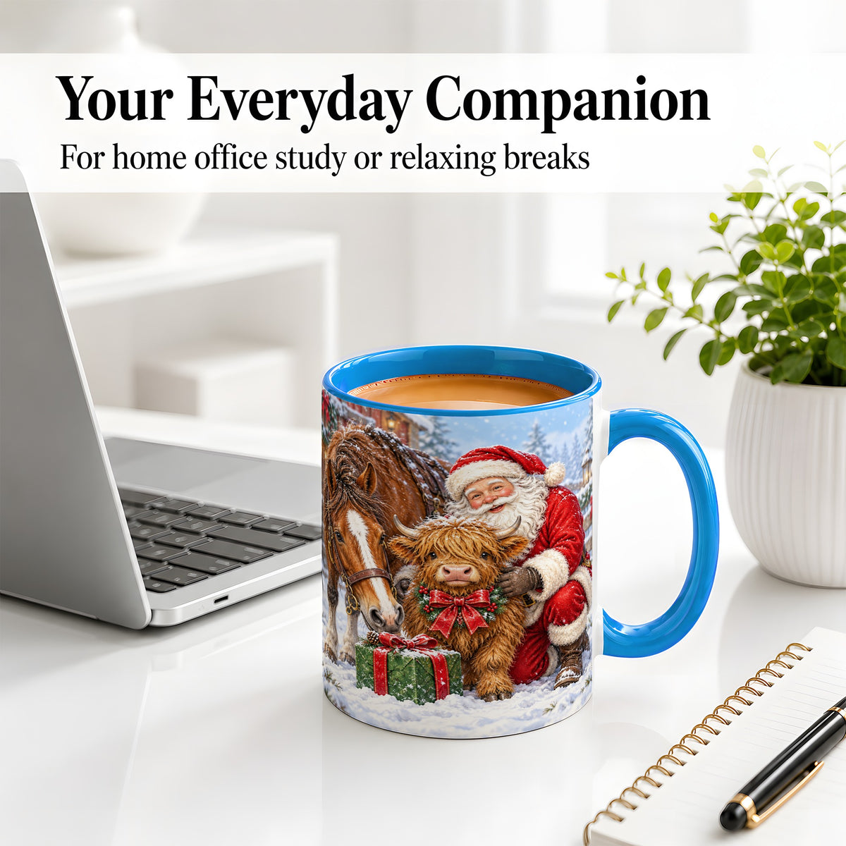 #pl[11oz|Blue] Santa Highland Cow Accent Ceramic Mug, Christmas Horse Scene