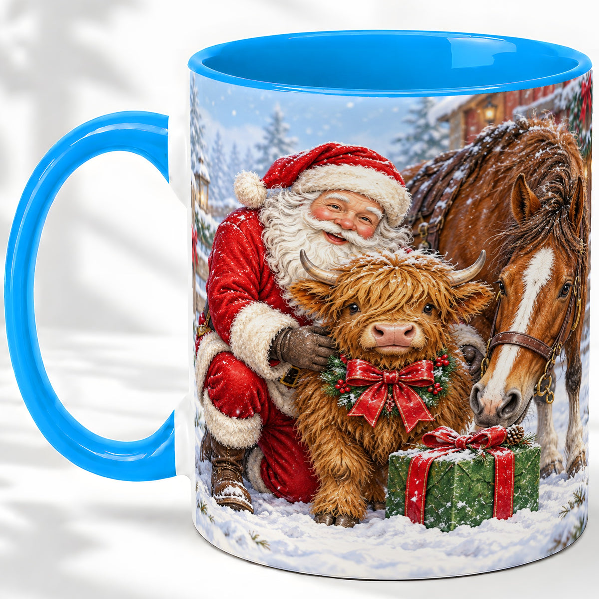 #pl[11oz|Blue] Santa Highland Cow Accent Ceramic Mug, Christmas Horse Scene