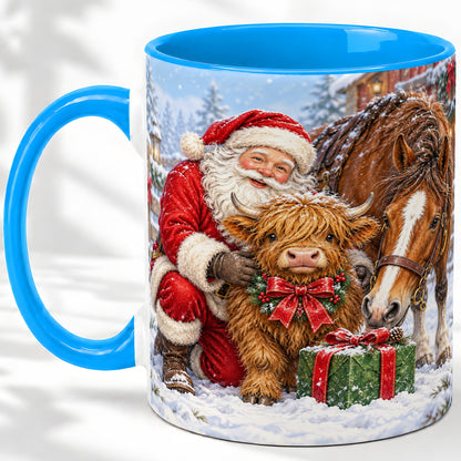 #pl[11oz|Blue] Santa Highland Cow Accent Ceramic Mug, Christmas Horse Scene