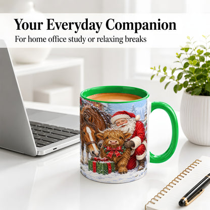 #pl[11oz|Green] Santa Highland Cow Accent Ceramic Mug, Christmas Horse Scene