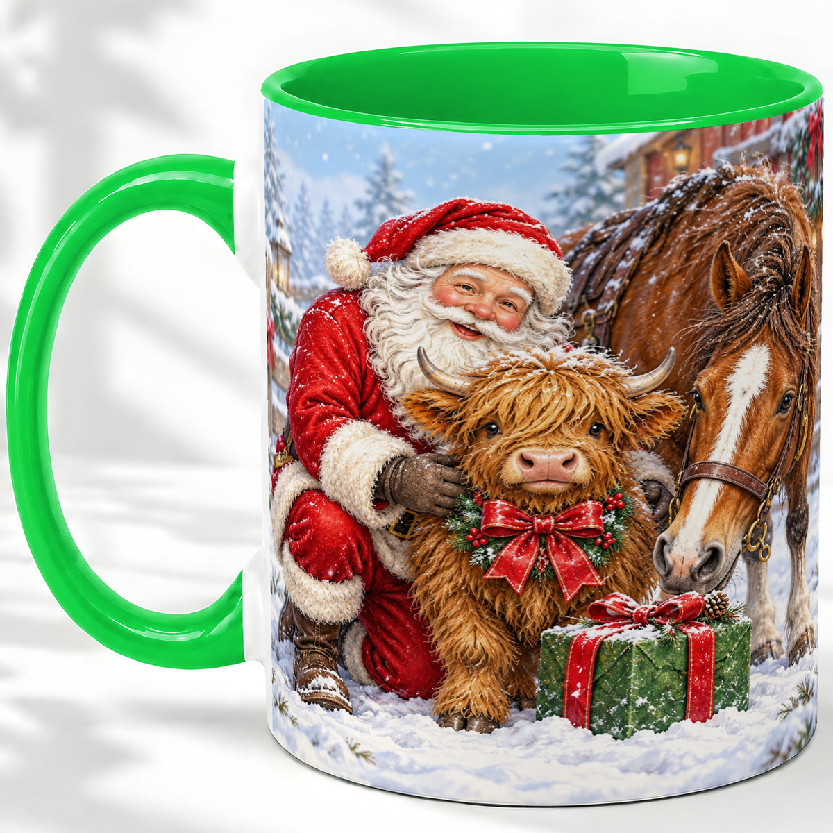 #pl[11oz|Green] Santa Highland Cow Accent Ceramic Mug, Christmas Horse Scene
