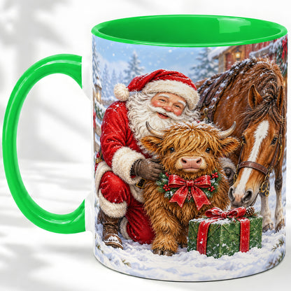#pl[11oz|Green] Santa Highland Cow Accent Ceramic Mug, Christmas Horse Scene