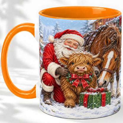 #pl[11oz|Orange] Santa Highland Cow Accent Ceramic Mug, Christmas Horse Scene