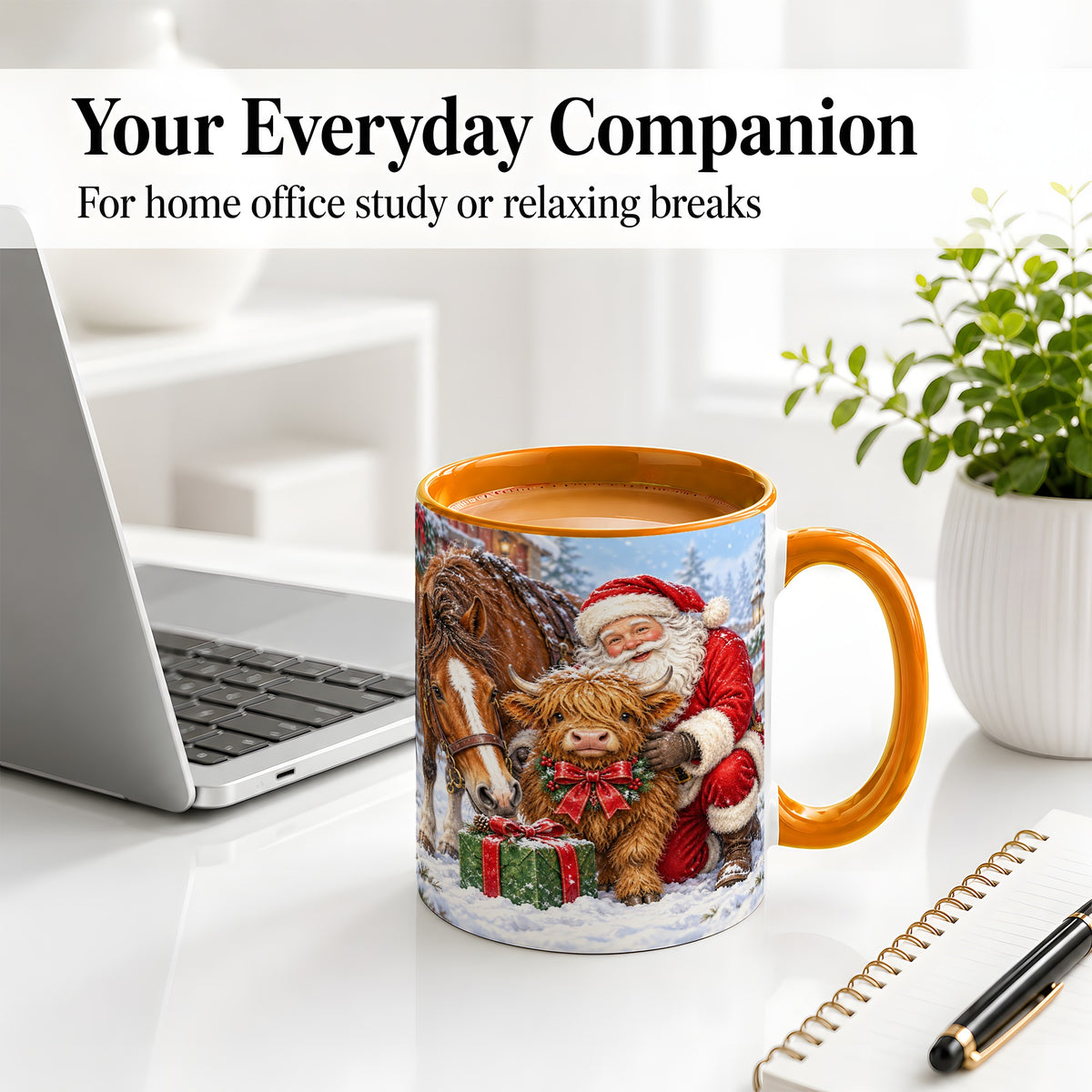 #pl[11oz|Orange] Santa Highland Cow Accent Ceramic Mug, Christmas Horse Scene