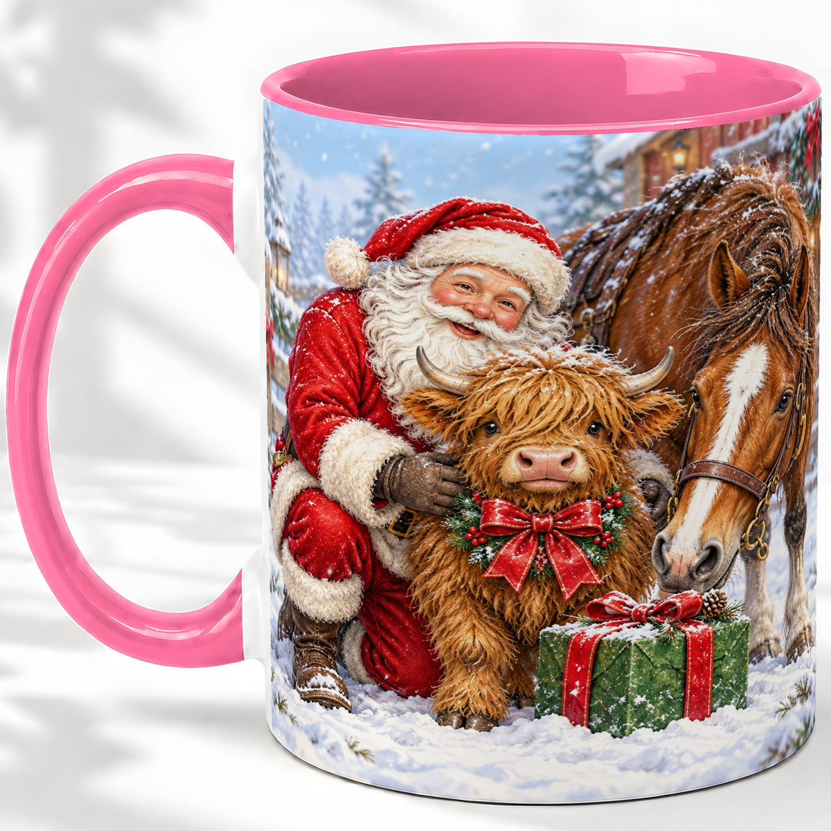 #pl[11oz|Pink] Santa Highland Cow Accent Ceramic Mug, Christmas Horse Scene