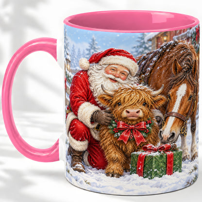 #pl[11oz|Pink] Santa Highland Cow Accent Ceramic Mug, Christmas Horse Scene