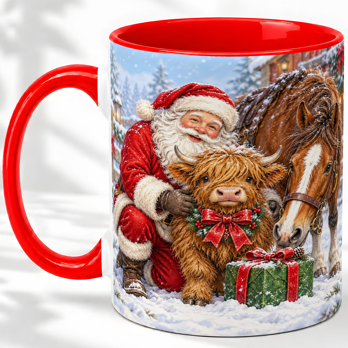 Santa Highland Cow Accent Ceramic Mug, Christmas Horse Scene