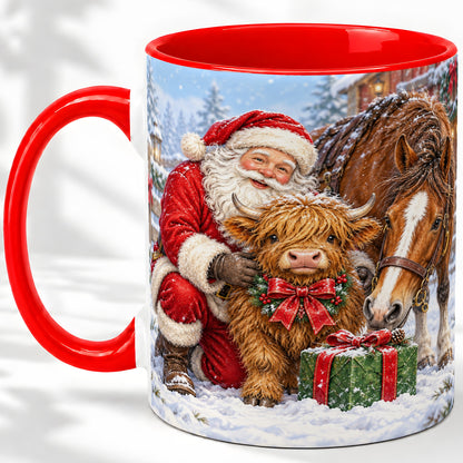 Santa Highland Cow Accent Ceramic Mug, Christmas Horse Scene